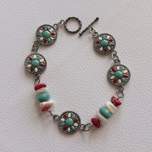 Turquoise and Red Beaded Silver Bracelet